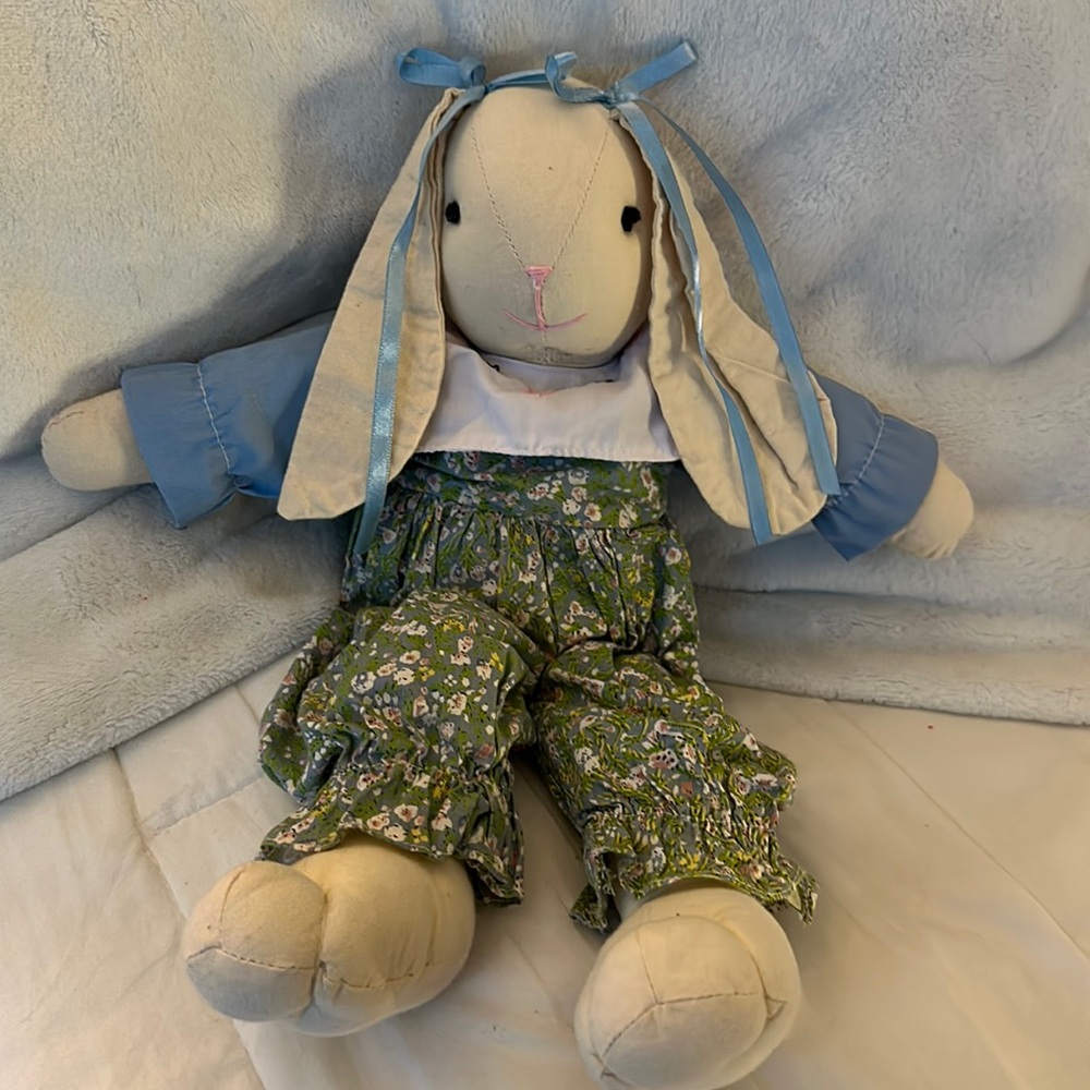 Handmade folk art retro 1980’s home decor bunny with blouse, bibs, ribbons cute
